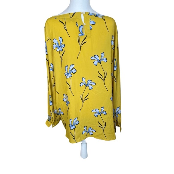 Ann Taylor LOFT Yellow Blue Lily Long Sleeve Roll Tab Blouse Large Flower Office - Picture 5 of 9
